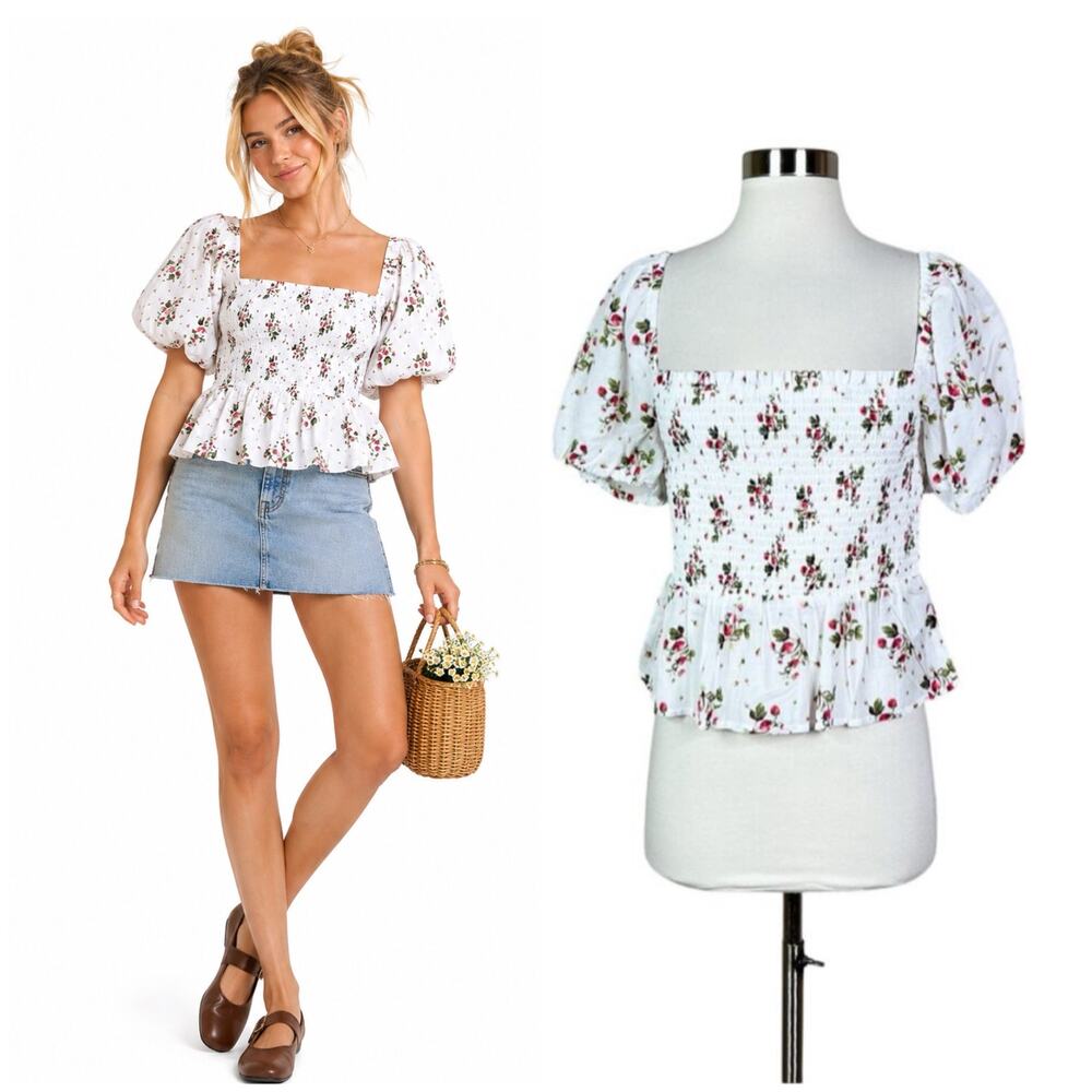 NEW J. Crew | Strawberry Floral White Cotton Puff Sleeve Smocked Peplum Top M